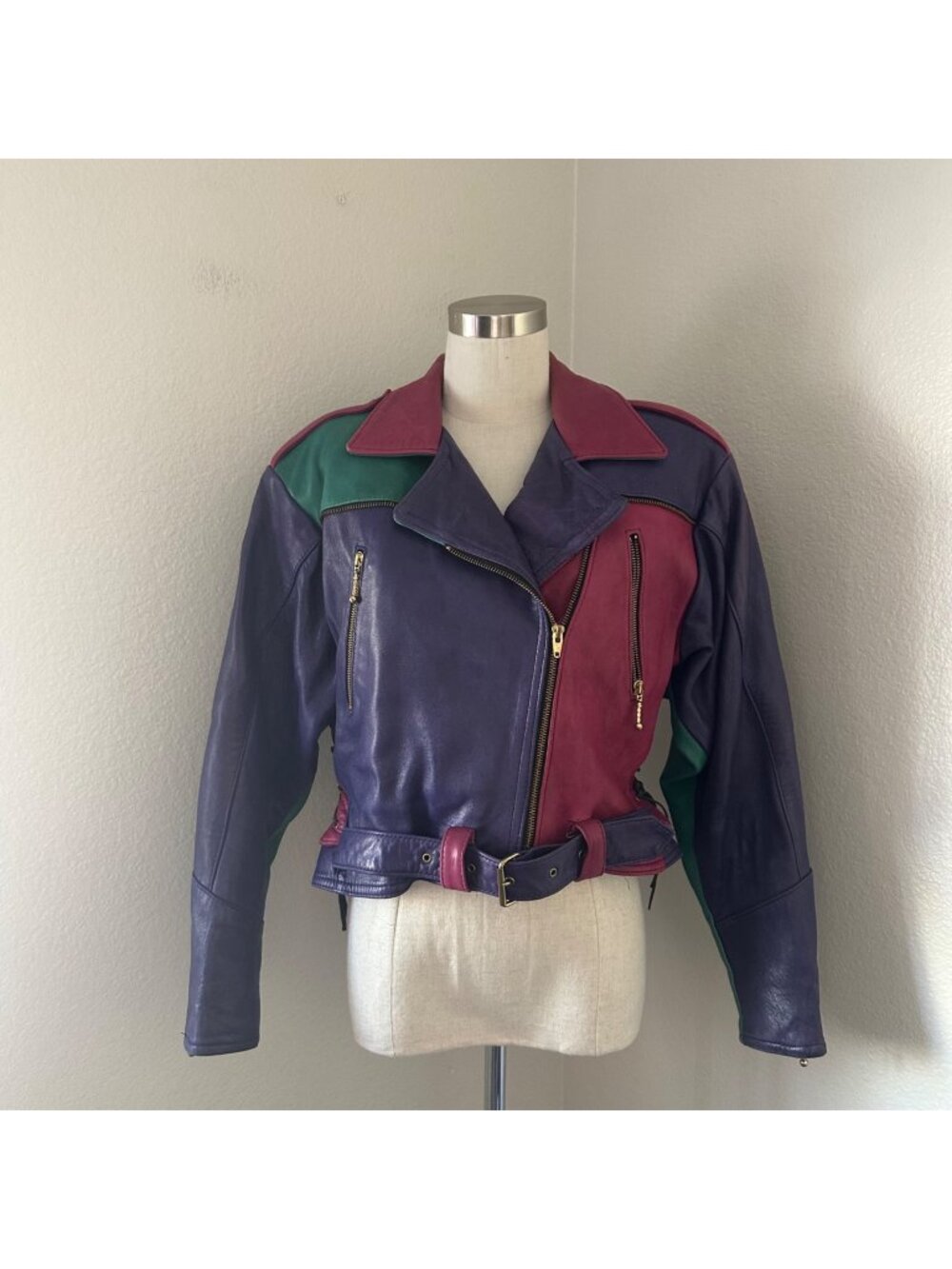 Vintage 80s Colorblock Leather Jacket Padded Shoulders Belted Nostalgia Old Scho